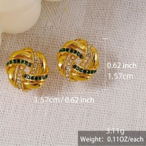 "Amelia" 14k Gold Plate Love Knot Studs, Emerald and Diamond Rhinestones - Picture 4 of 4